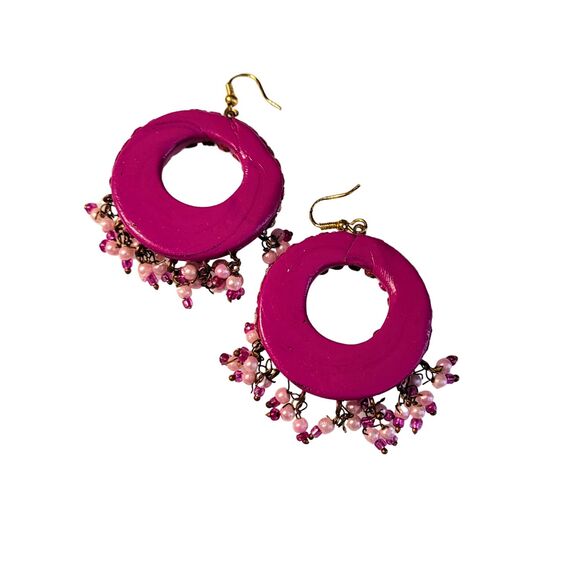 2" Wooden Fuchsia Pink Drop Dangle Earrings With Rhinestones - New - Picture 3 of 3